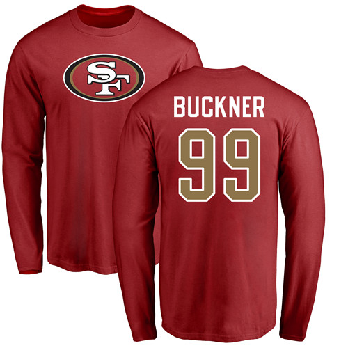 Men San Francisco 49ers Red DeForest Buckner Name and Number Logo #99 Long Sleeve NFL T Shirt->san francisco 49ers->NFL Jersey